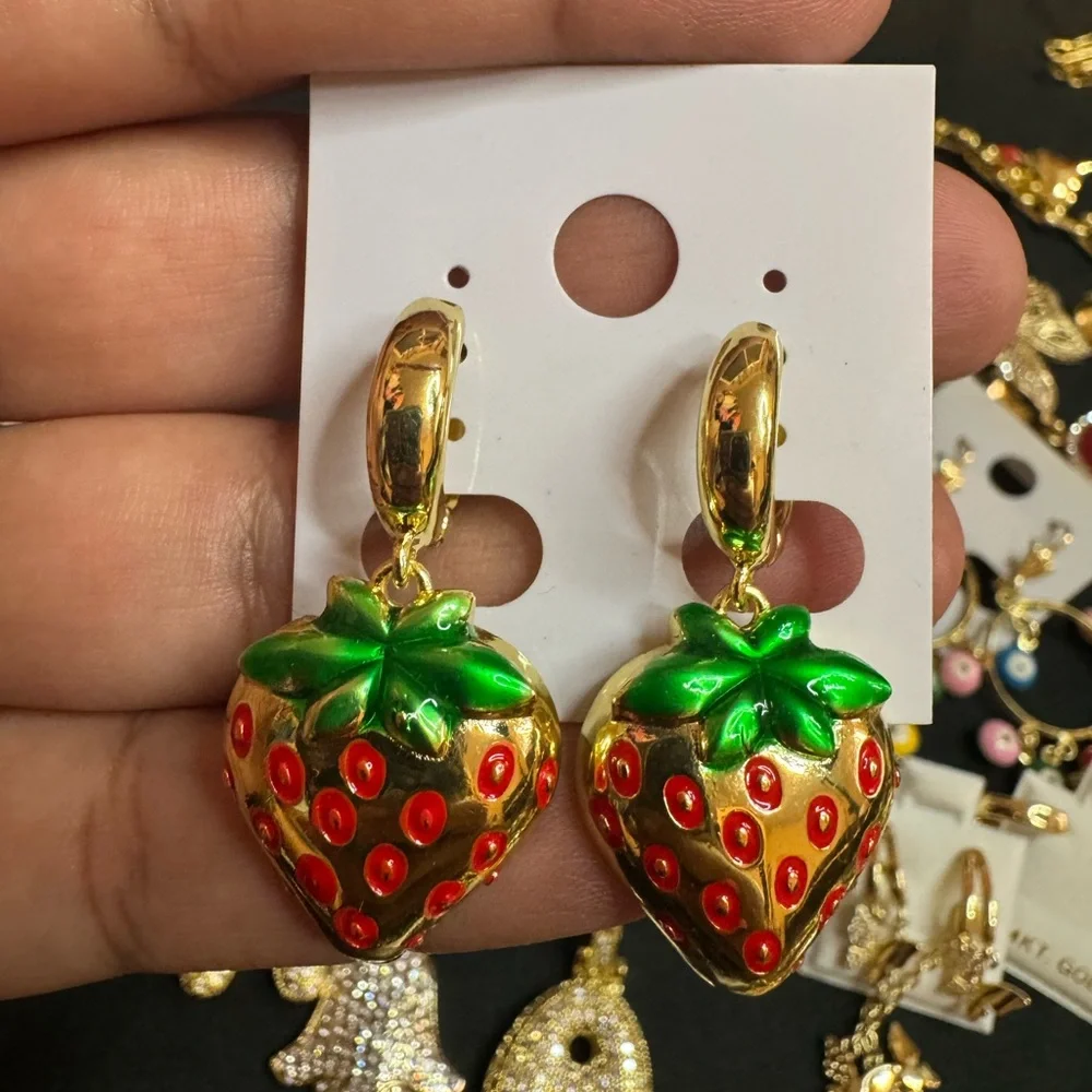 Gold and Green Strawberry Earrings - Picture 1 of 1